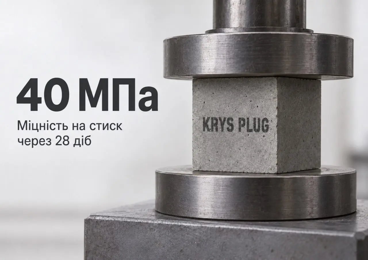 Зразок цементної гідропломби KRYS PLUG між плитами преса – ілюстрація міцності на стиск 40 МПа через 28 діб