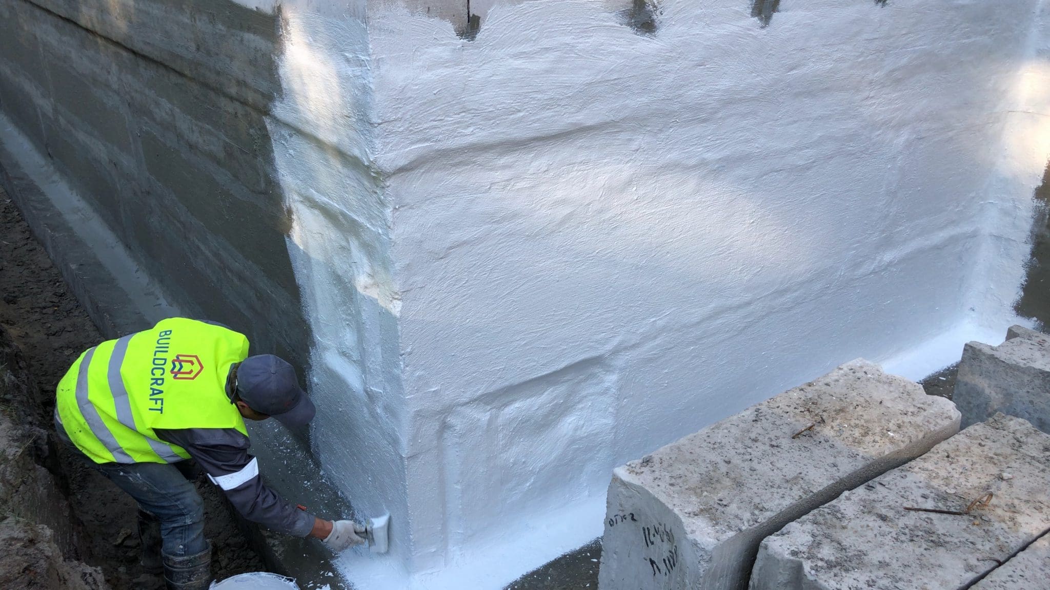 Нанесення другого шару гідроізоляції KRYS Flex на стіни фундаменту